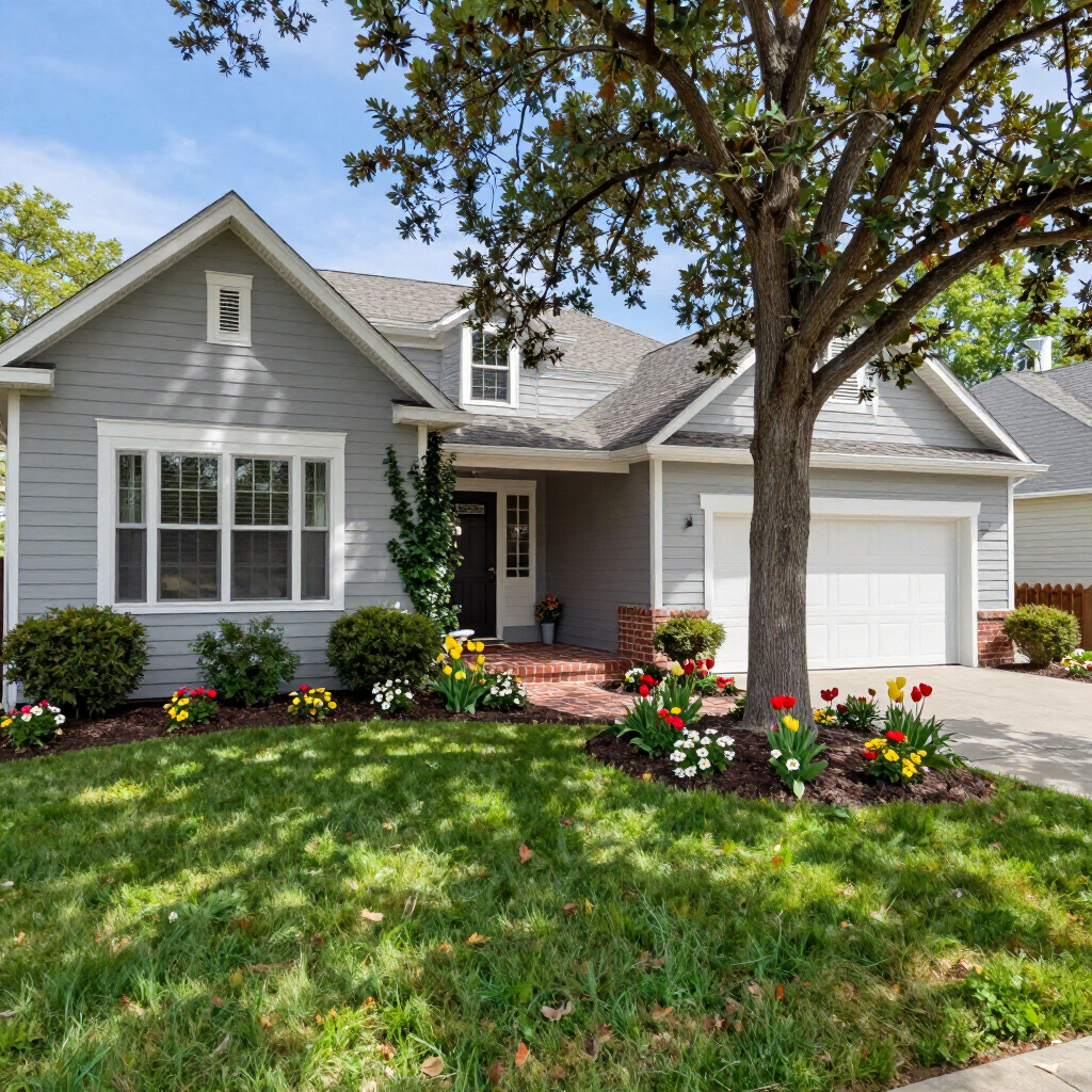Gray suburban house with white trim, manicured lawn, flower beds, and a large tree in front