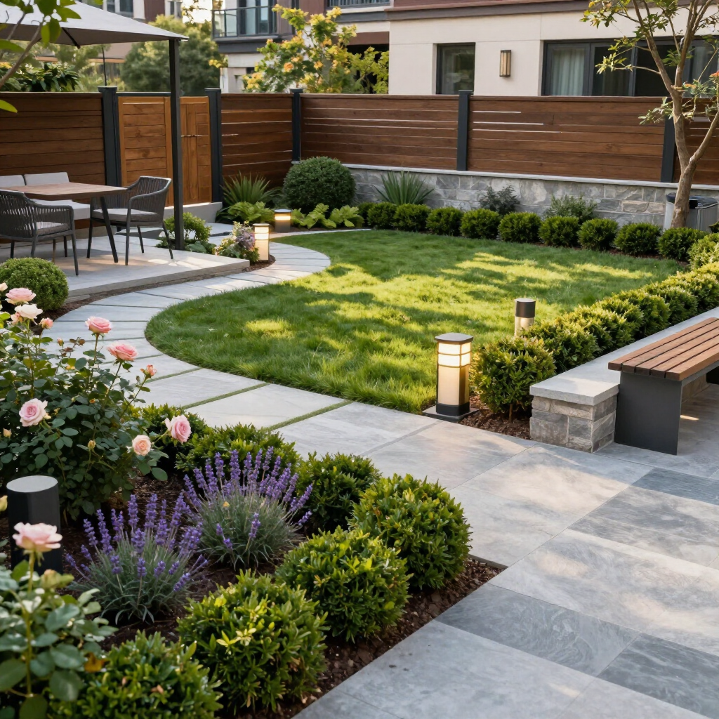 Modern backyard patio with stone paths, lawn, raised planters, and outdoor seating under warm lights