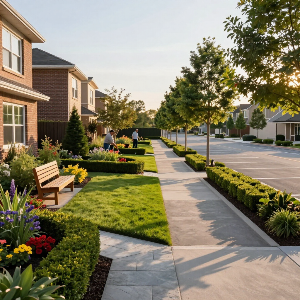 Sunny suburban sidewalk beside brick houses, hedges, benches, and flower beds along a quiet street.