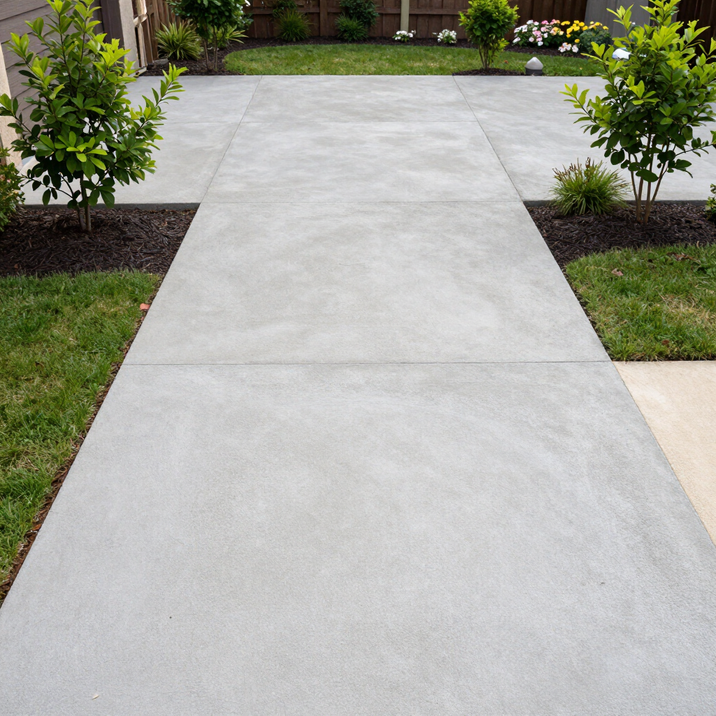 Concrete walkway leading to a house, bordered by grass and small shrubs.
