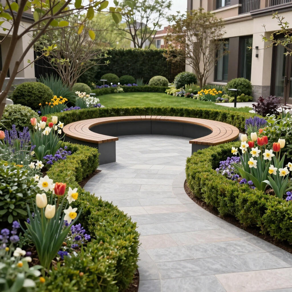 Curved garden path around a circular bench, bordered by colorful tulips and trimmed hedges in a courtyard