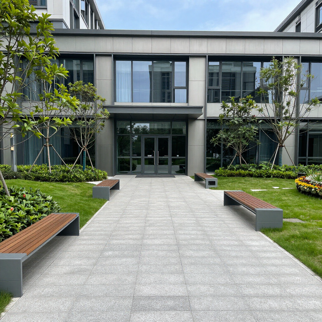 Modern office courtyard with a central walkway, benches, and landscaped greenery leading to glass doors