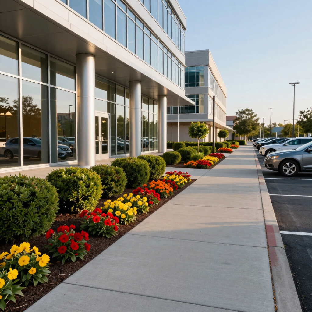 Modern office building entrance with glass windows, sidewalk, parked cars, and colorful flower beds