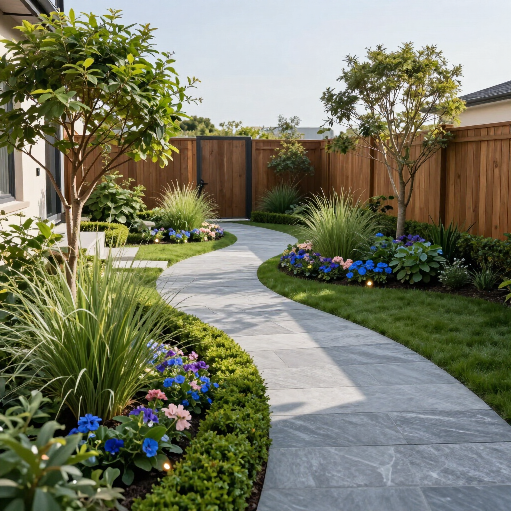 Curved stone path through a lush backyard garden with flowers, trees, and a wooden fence