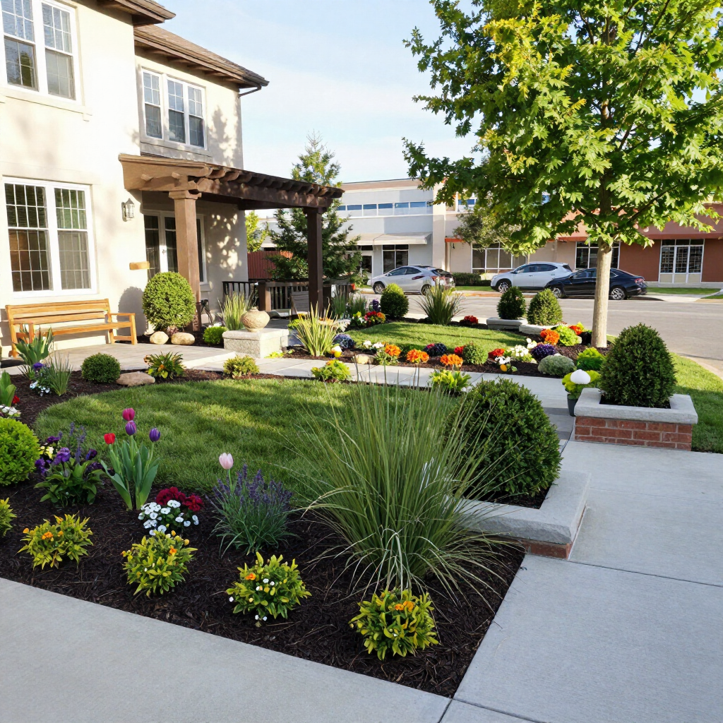 Landscaped apartment courtyard with flower beds, trimmed shrubs, and a concrete walkway