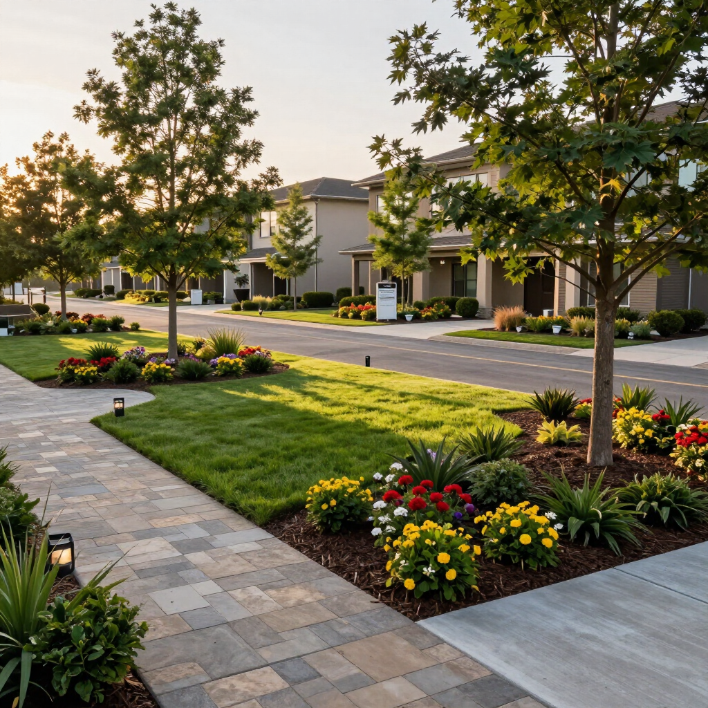 Landscaped suburban street with colorful flower beds, trees, sidewalks, and modern townhouses at dusk