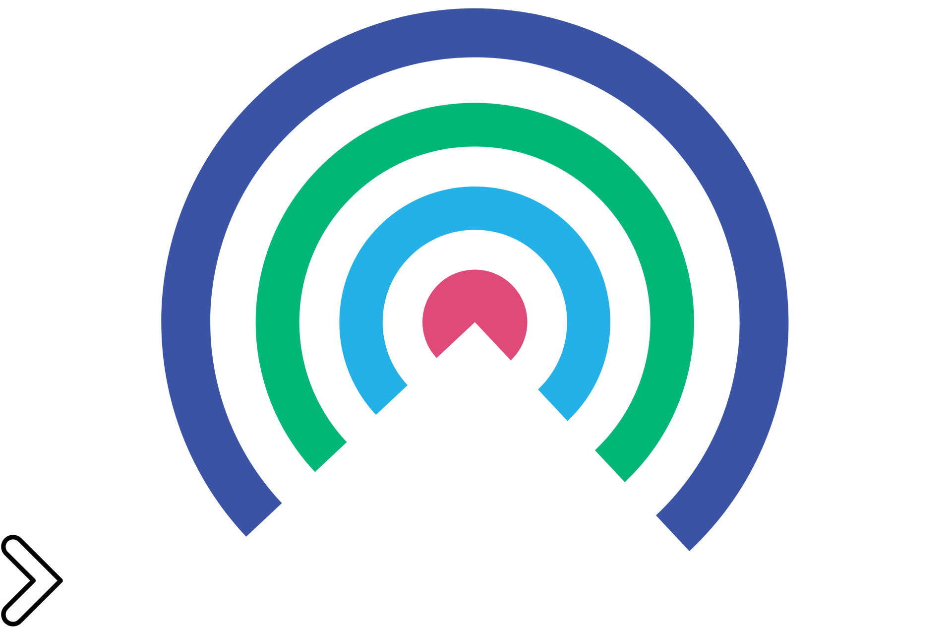 Concentric arches in blue, green, light blue, and pink, resembling a signal symbol.