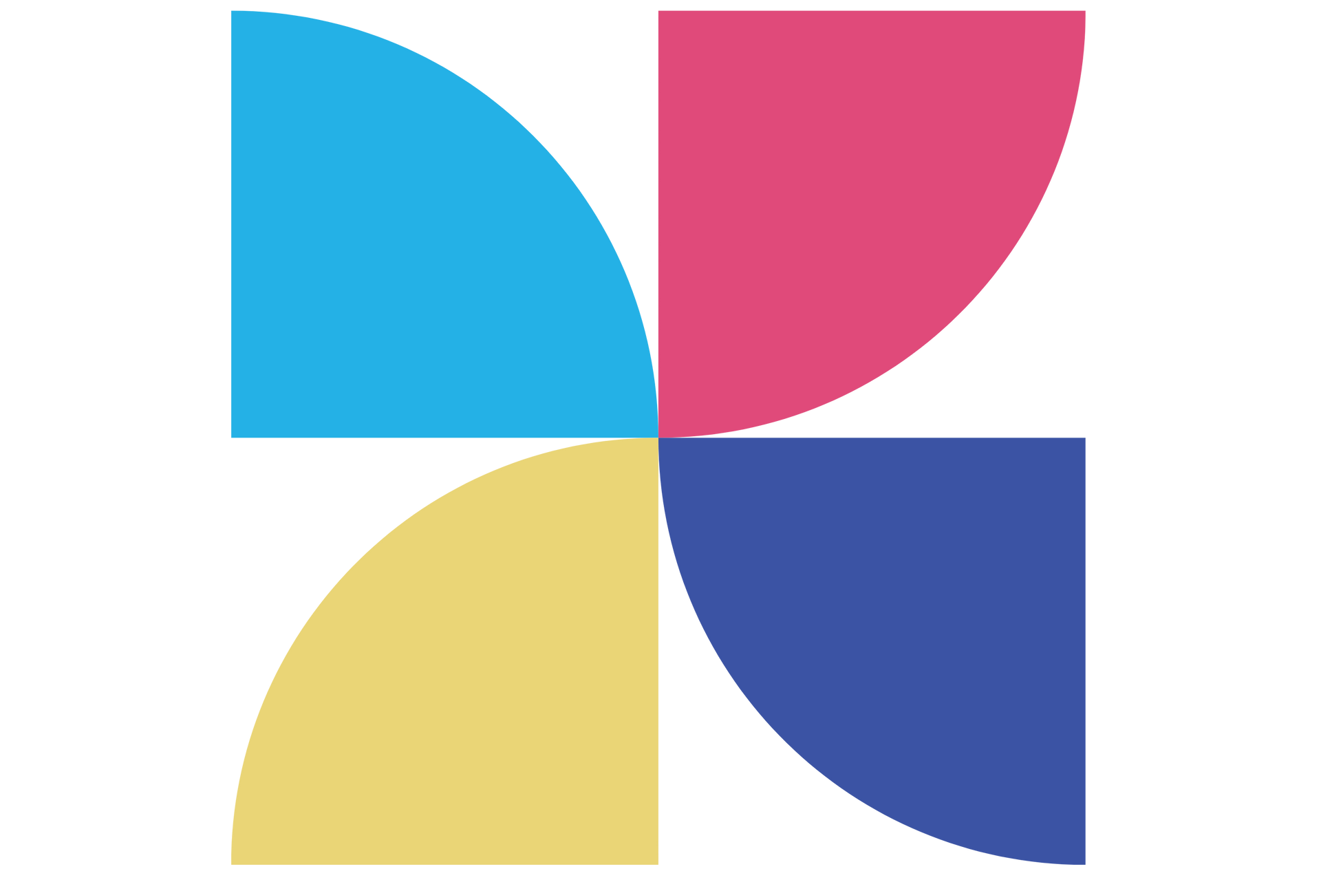 Colorful pinwheel design with blue, pink, yellow, and navy quadrants.
