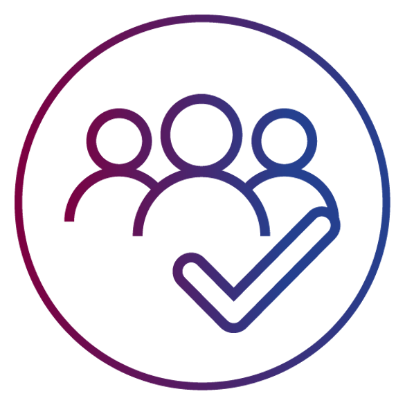 Three people with a checkmark inside a purple and blue gradient circle.