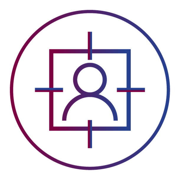 Person within a target, inside a circle; gradient purple to blue.