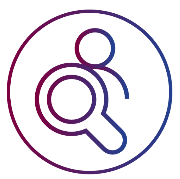 Person silhouette with magnifying glass inside a circle, purple and blue gradient.