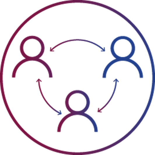 Three silhouetted figures within a circle, connected by curved arrows, symbolizing interaction and teamwork.