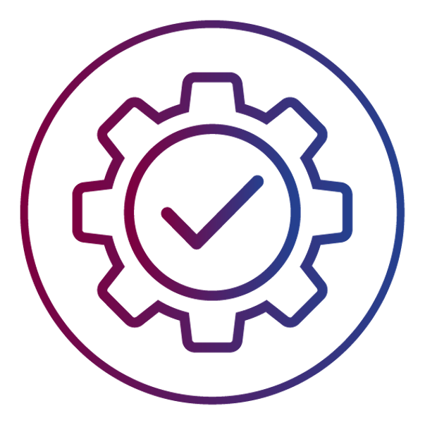 Gear with checkmark inside a circle, gradient purple and blue.