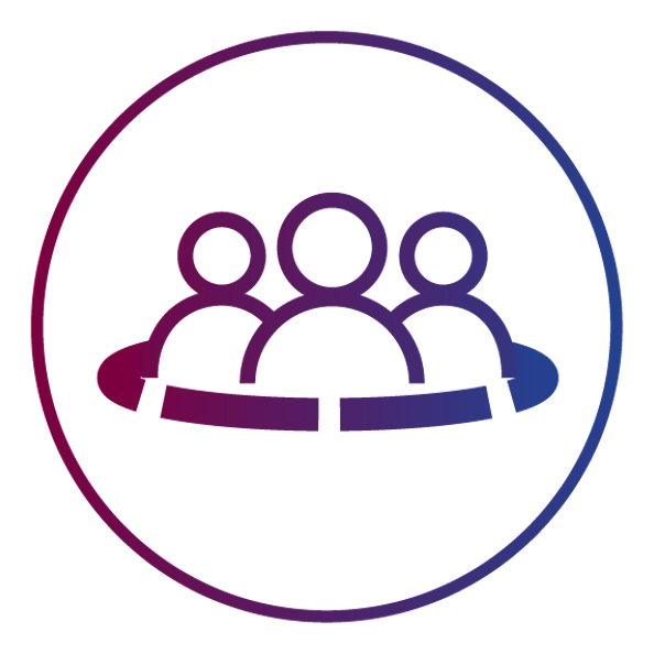 Three figures huddled together, represented in a white circle with a gradient purple-blue outline.