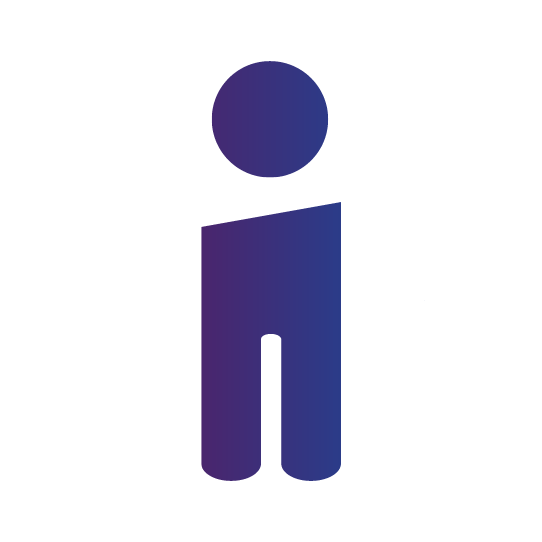 Person icon, blue gradient, head, angled torso, open legs.