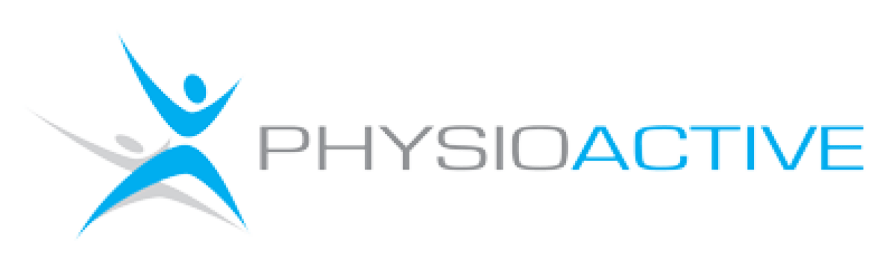 Logo: Blue and gray figure, arms raised, next to