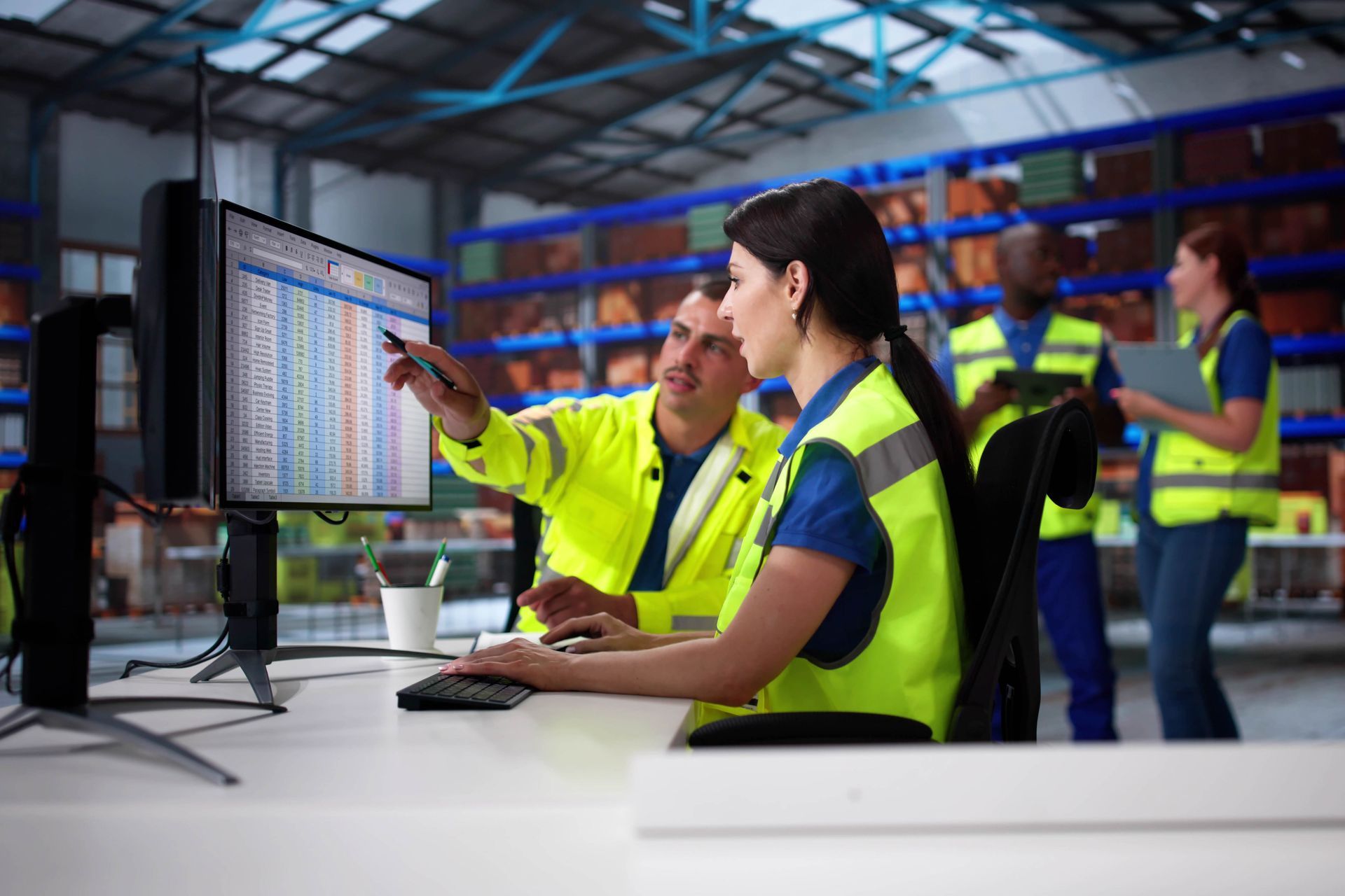 People in yellow safety vests working at computers in a warehouse control room