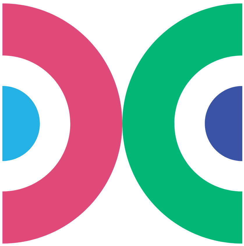 Pink and green interlocking circles with blue centers.