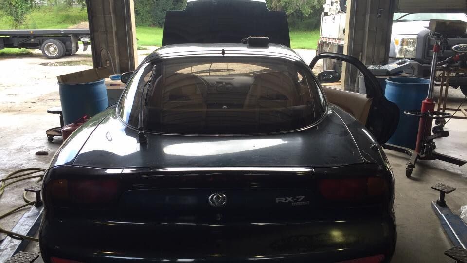 Dark green sports car parked in a garage, rear view with spoiler and roof cargo box.