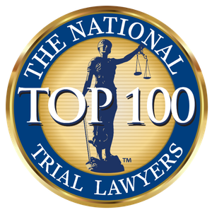 The National Trial Lawyers Top 100 logo: a gold-rimmed blue circle with Lady Justice holding scales.