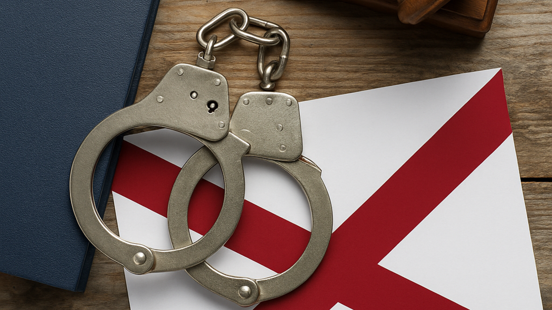 Handcuffs on top of Alabama state flag, legal book, and gavel on wood.
