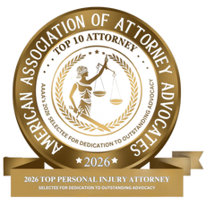 Gold award seal for “America’s Association of Attorneys Advocate,” with “Top 10 Attorney” and 2026 banner