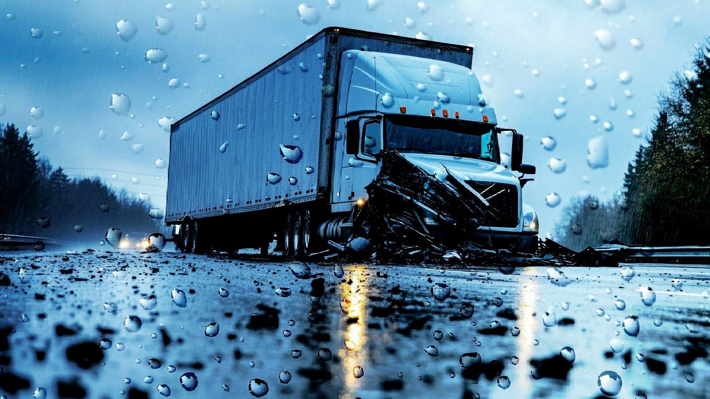 Semi-truck involved in a wreck on a wet, rainy road.