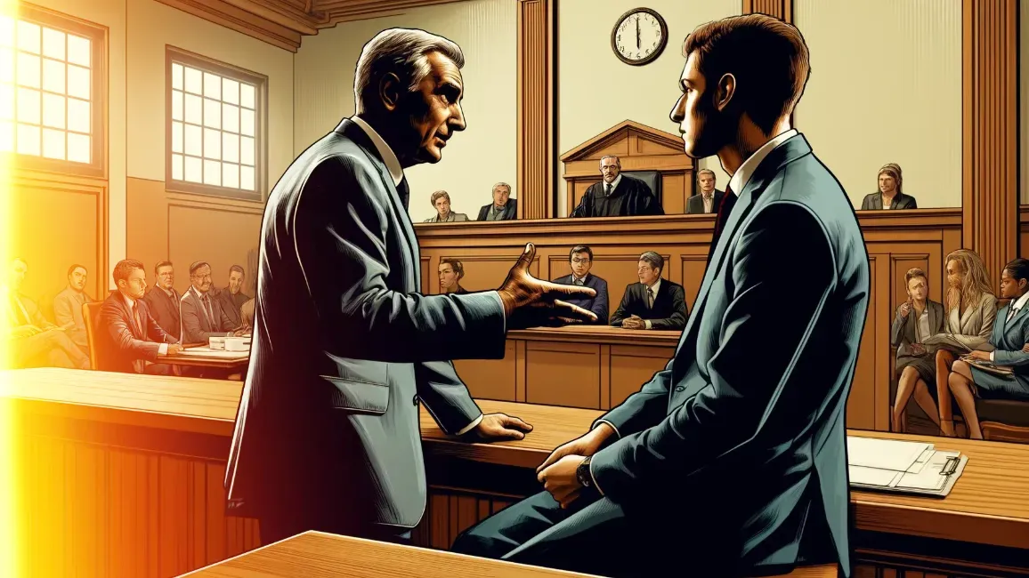 Two men conversing in a courtroom. One stands, gesturing; the other sits, listening. A judge and observers are in the background.