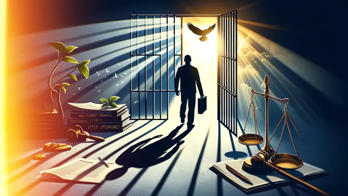 Silhouette of person walking out of a jail into bright light, with a scale and book nearby.