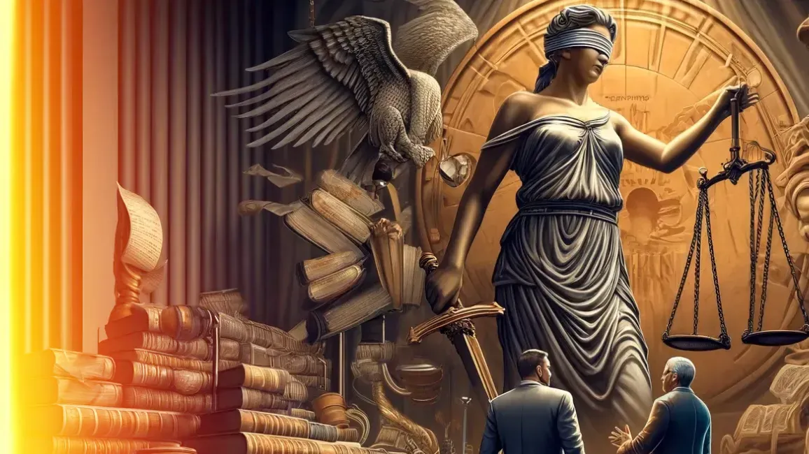 Lady Justice statue holding scales and sword, with two men in suits at the base.