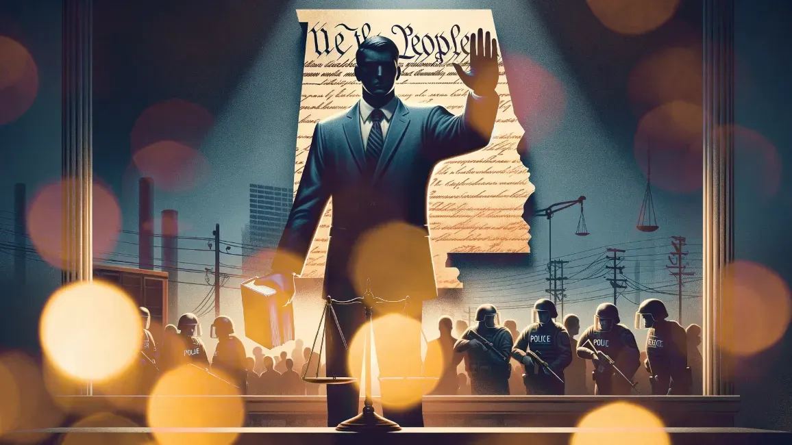 Silhouette in suit raises hand before the Alabama map on a US Constitution parchment, a crowd and soldiers below.