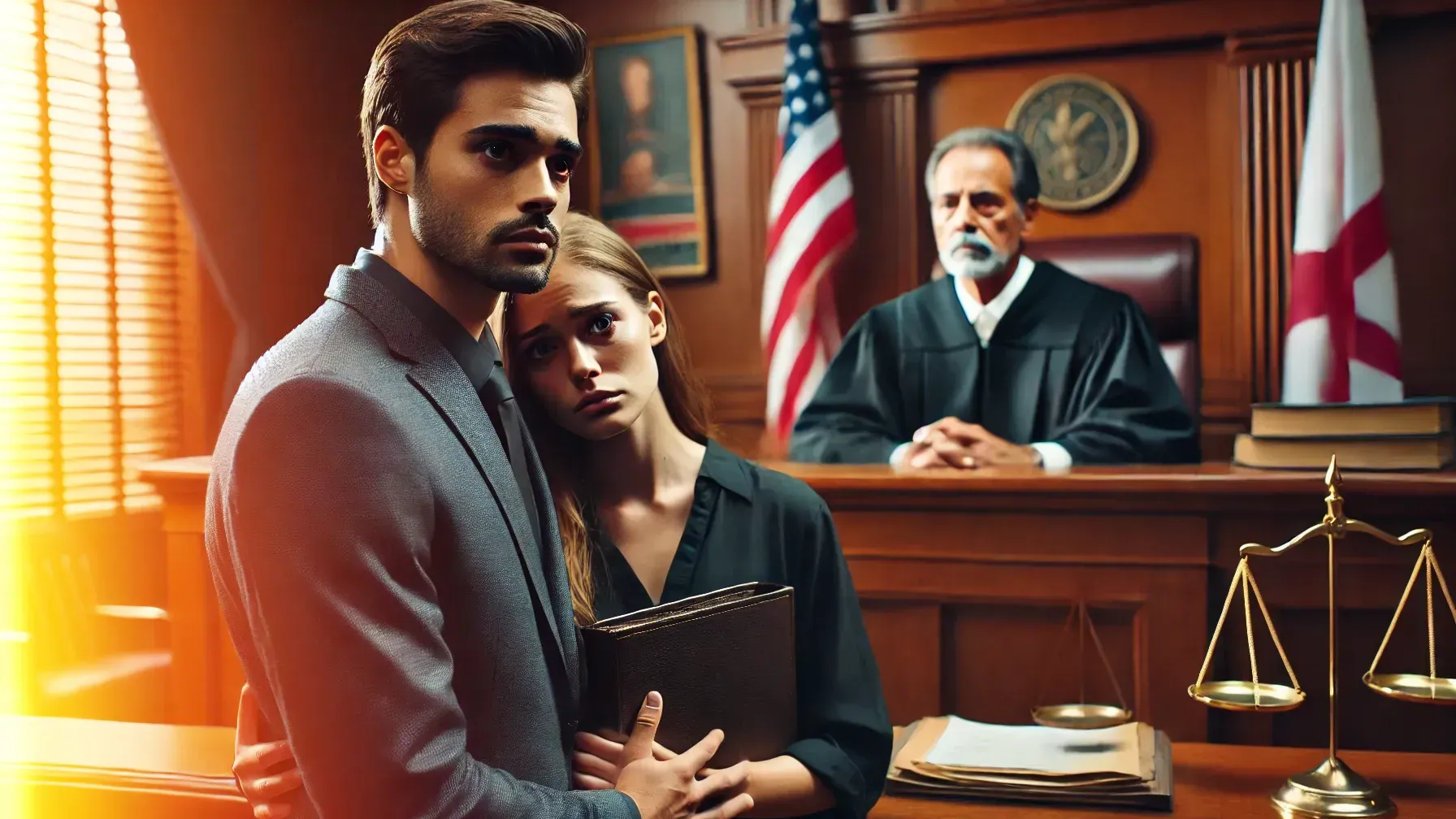 A couple embraces in a courtroom, looking concerned. A judge sits in the background. Scales of justice are in the foreground.