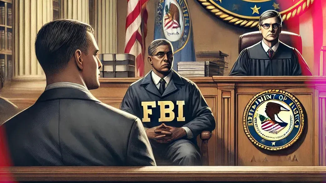 Man in suit facing FBI agent in courtroom with judge.