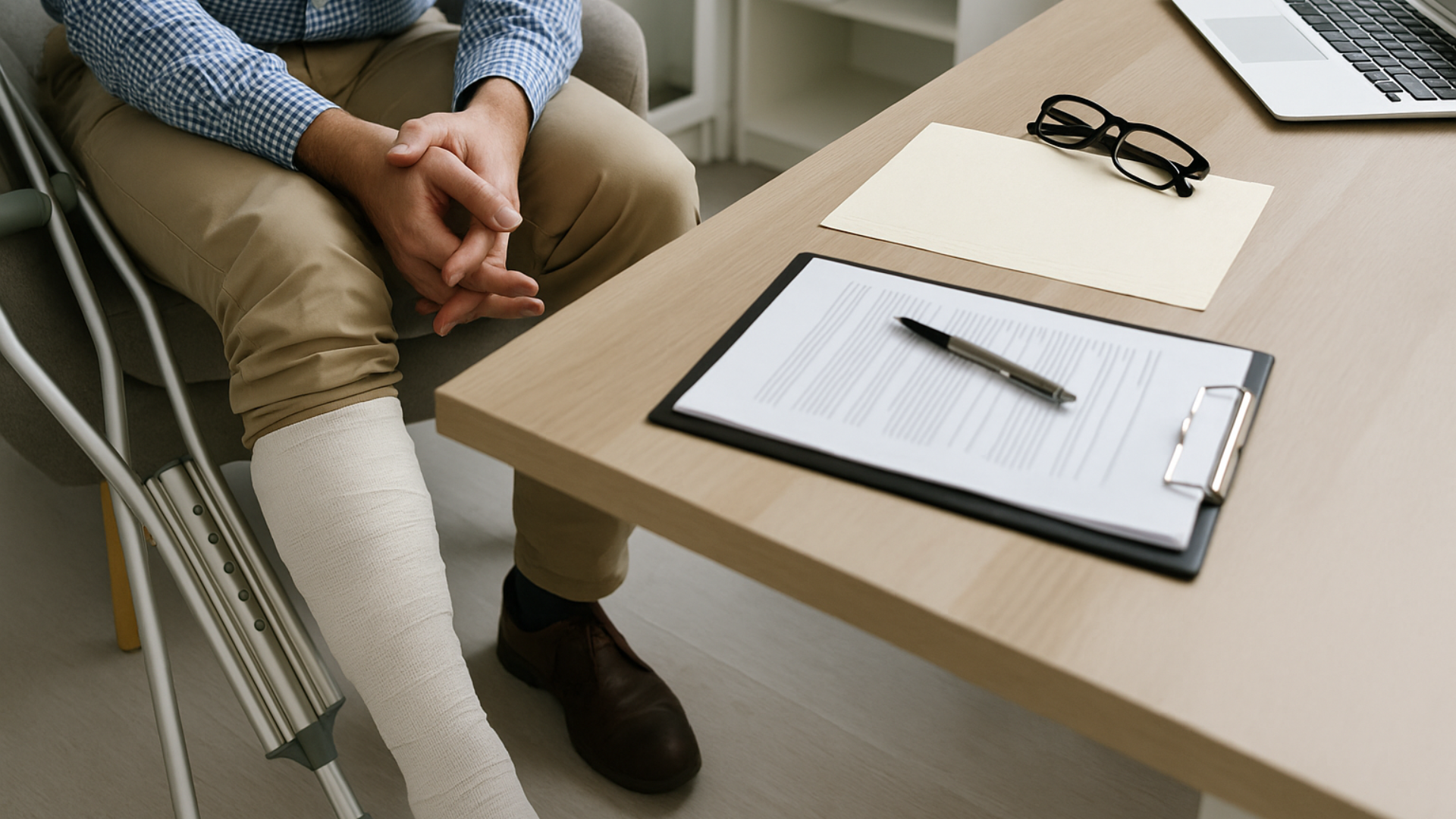 Person with leg cast sits at a desk, crutches beside them. Paperwork and glasses on table.