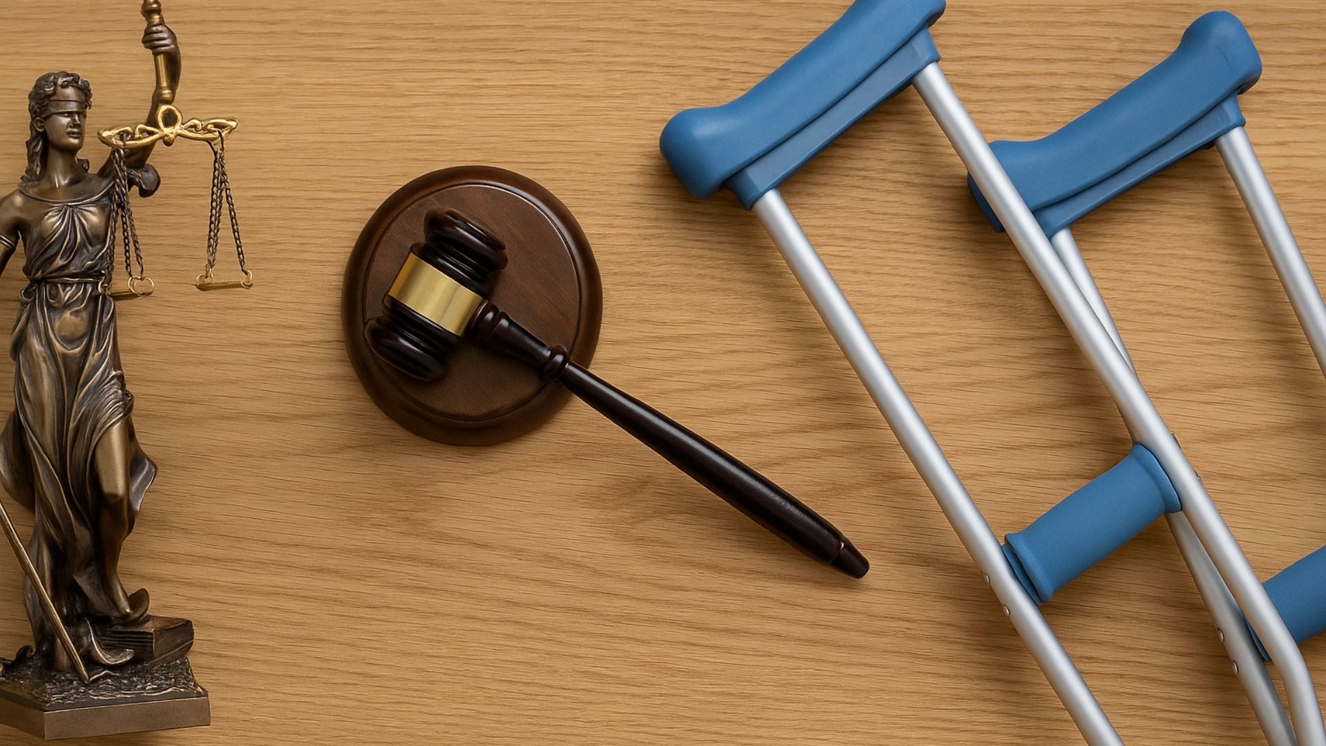 Statue of Justice, gavel, and crutches on a wooden surface, suggesting a legal case involving injury.