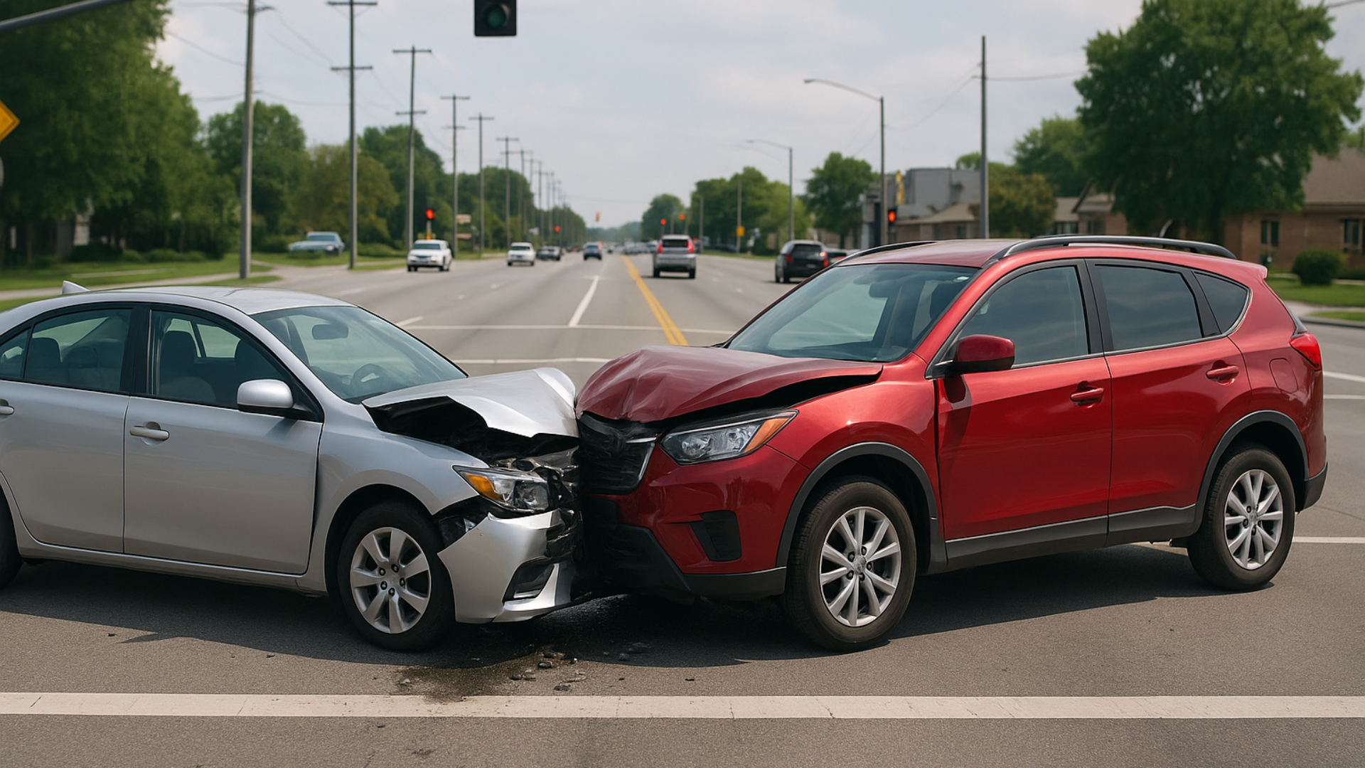 Two cars, silver sedan and red SUV, damaged after a collision at an intersection.