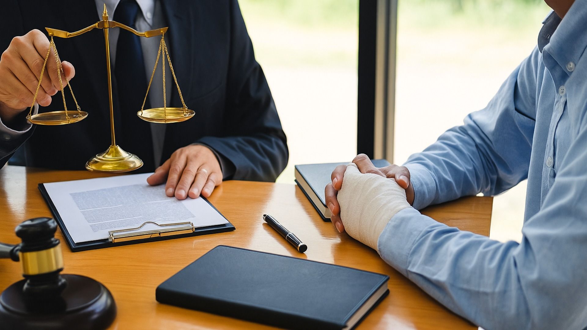 Lawyer with scales meeting client with bandaged hand at a table.