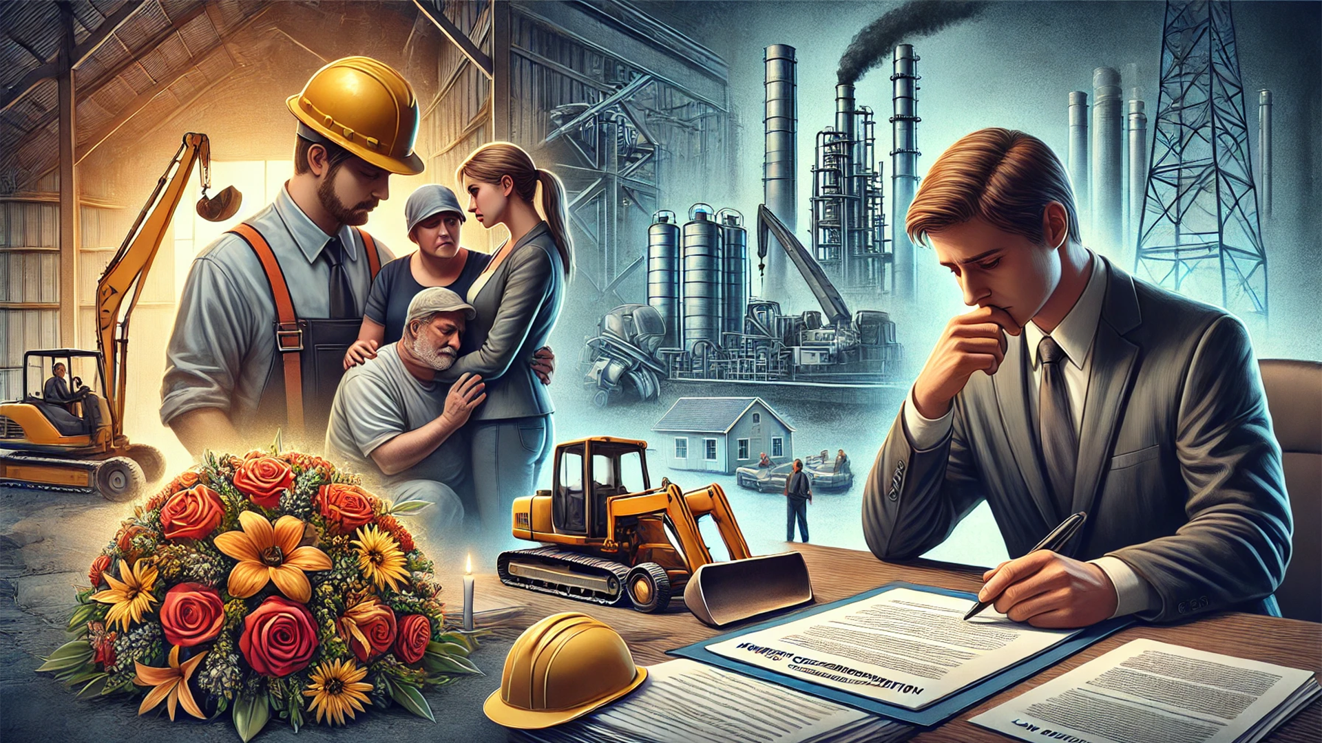 Businessman signing documents; construction workers and machinery with a bouquet of flowers. Industrial background.