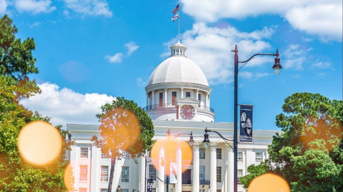 White domed building with a flag on top against a bright blue sky, trees in foreground.
