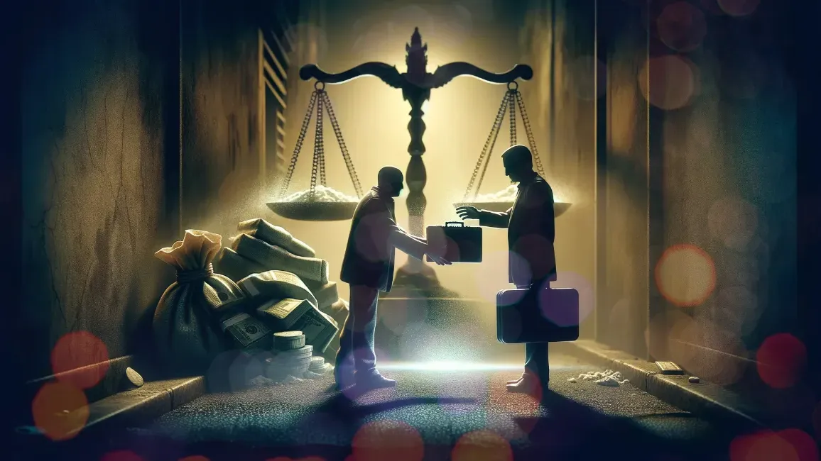 Two figures exchange a briefcase and money in a shadowy room, scales of justice overhead.