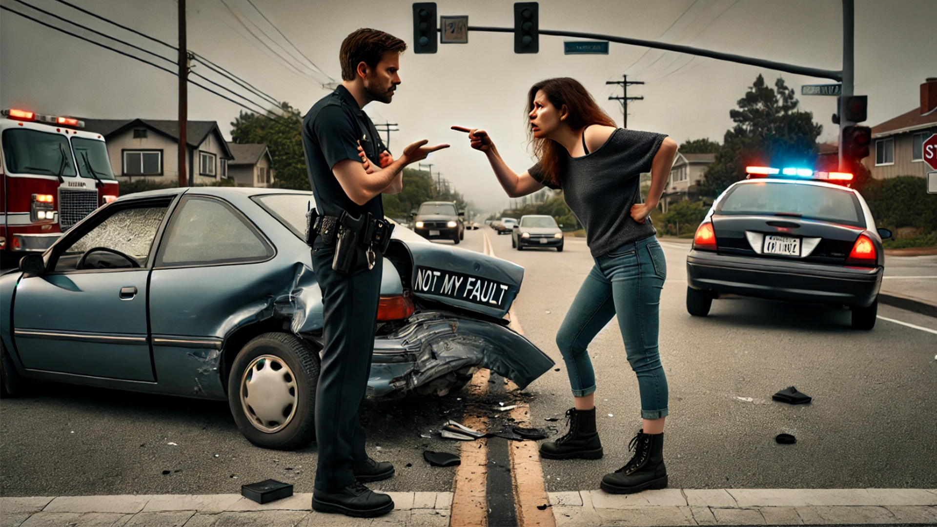 Car accident scene. Woman arguing with police officer near damaged vehicle. Emergency vehicles in background.