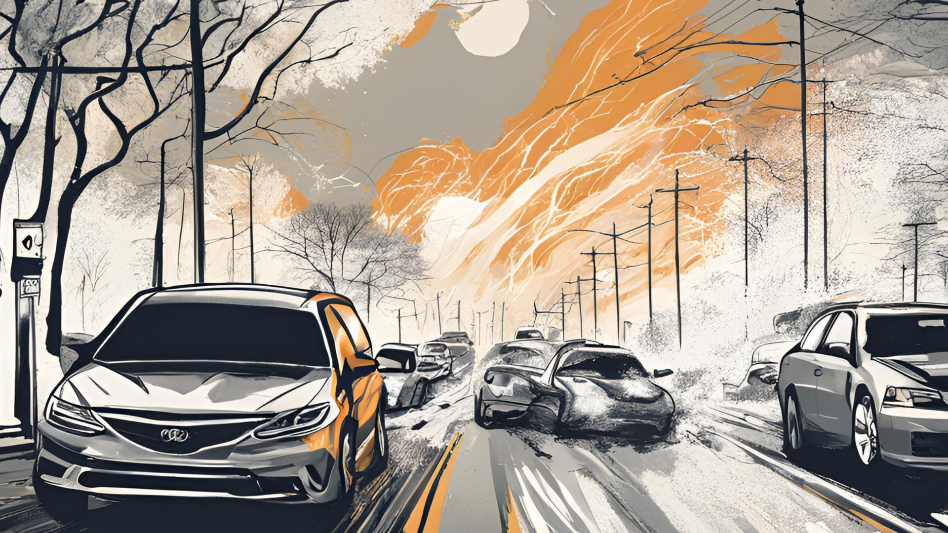 Cars driving on a road under a grey and orange sky. Snowy landscape with bare trees and utility poles.