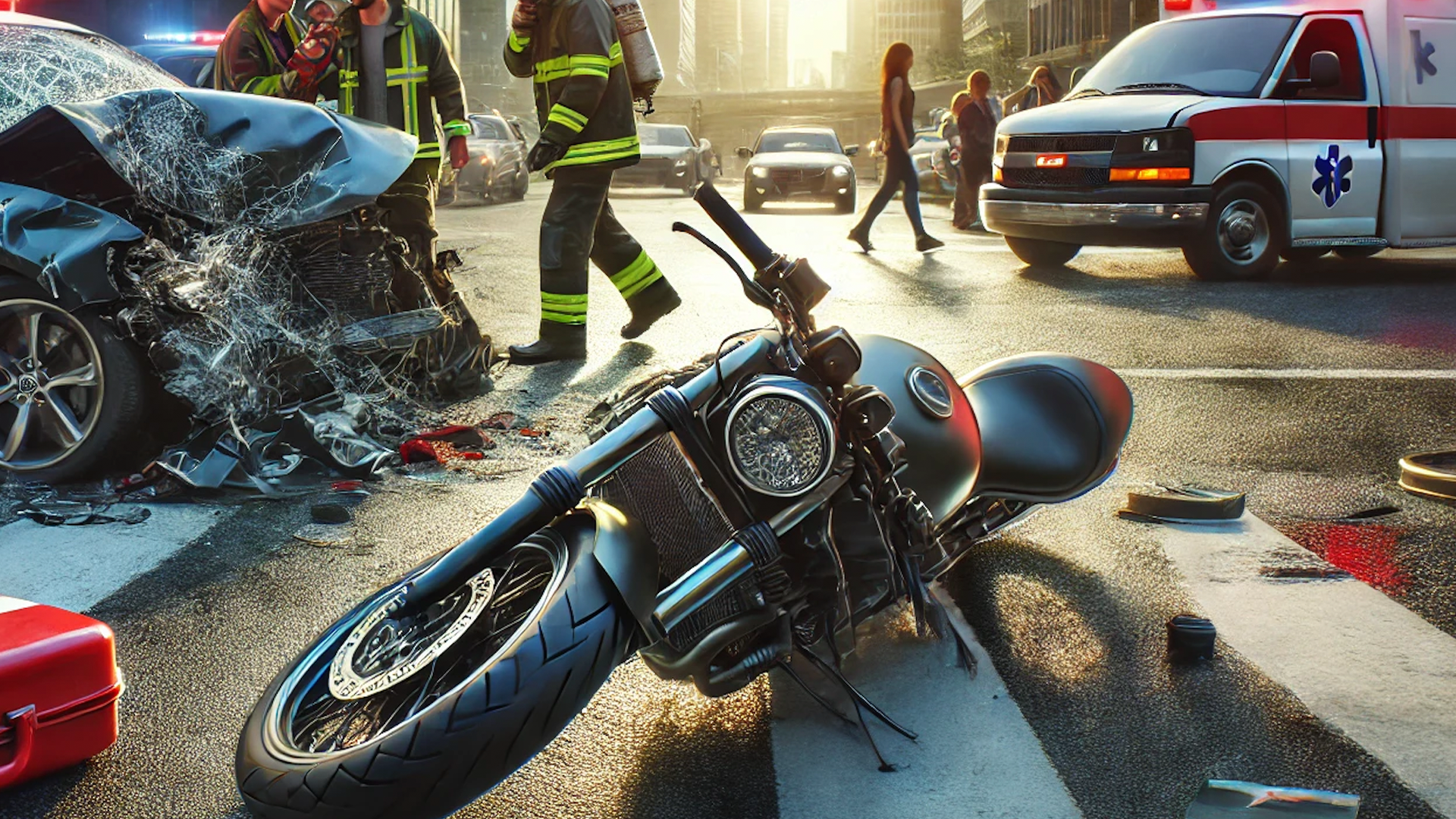 Motorcycle accident scene: motorcycle on ground, damaged car, emergency responders, ambulance, red medical case.