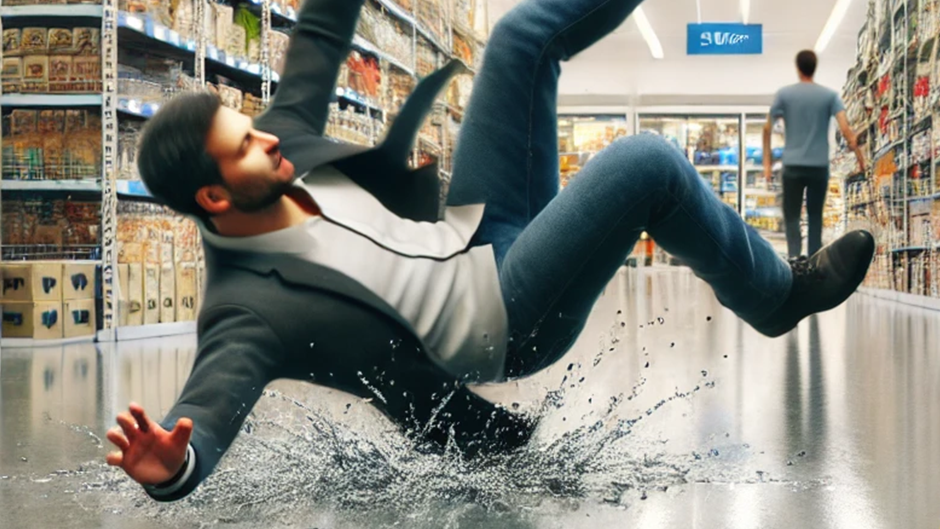 Man slips and falls on wet floor in a grocery store, splashing water. Another person walks in the background.