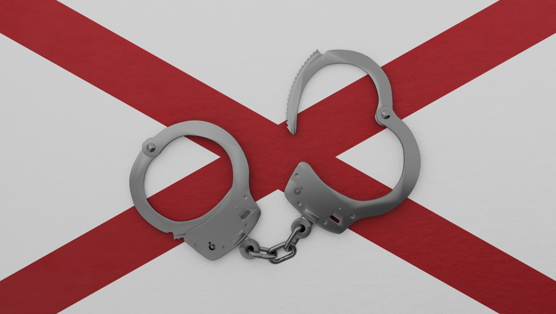 Handcuffs on a white and red cross flag, possibly related to law or crime.