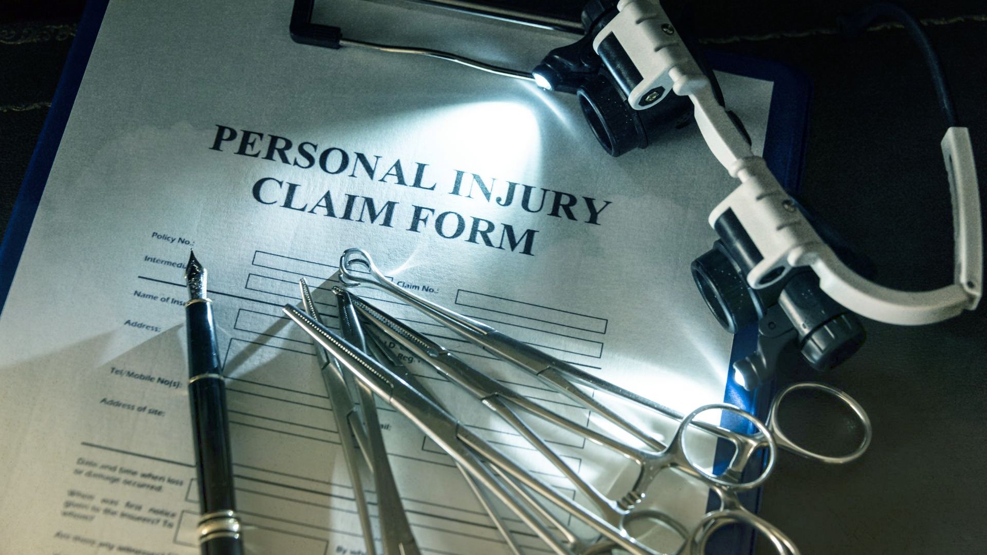 Personal injury claim form with medical tools and pen, illuminated by a light.