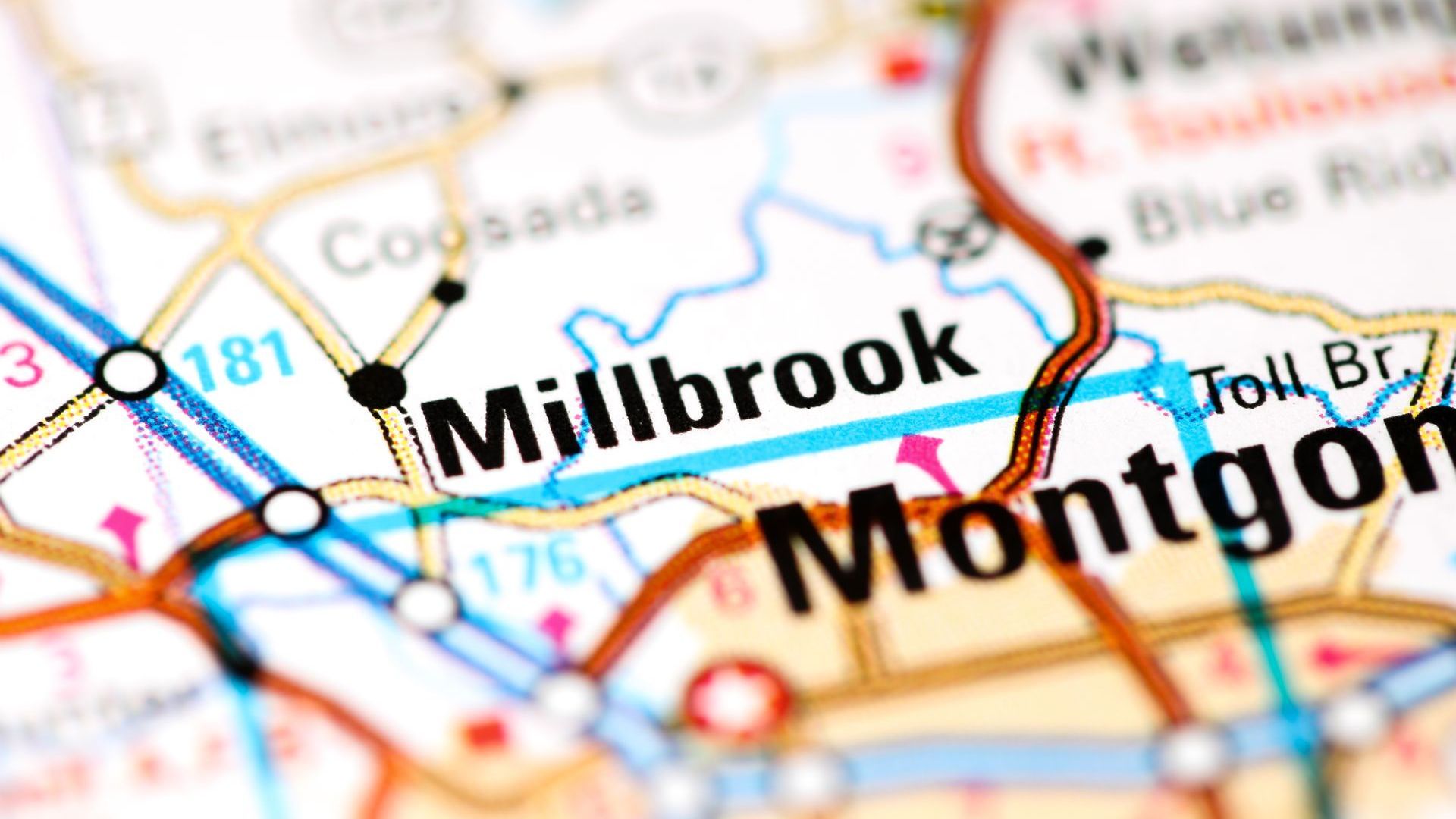 Map of Millbrook and Montgomery, Alabama, showing roads and city names.