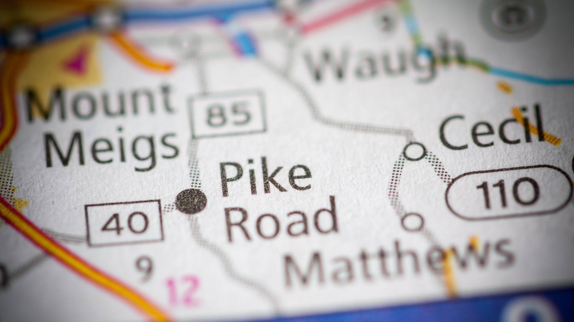 Map of Pike Road, Alabama, with nearby towns and road numbers.