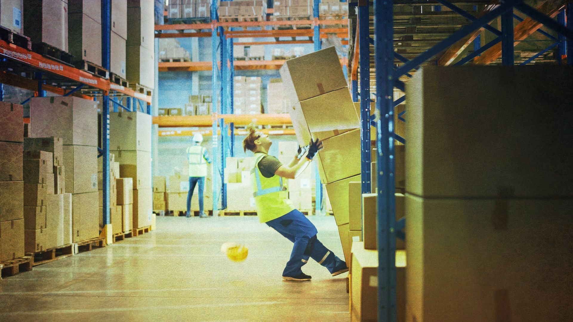 Warehouse worker struggles to prevent falling boxes in a warehouse; another worker watches.