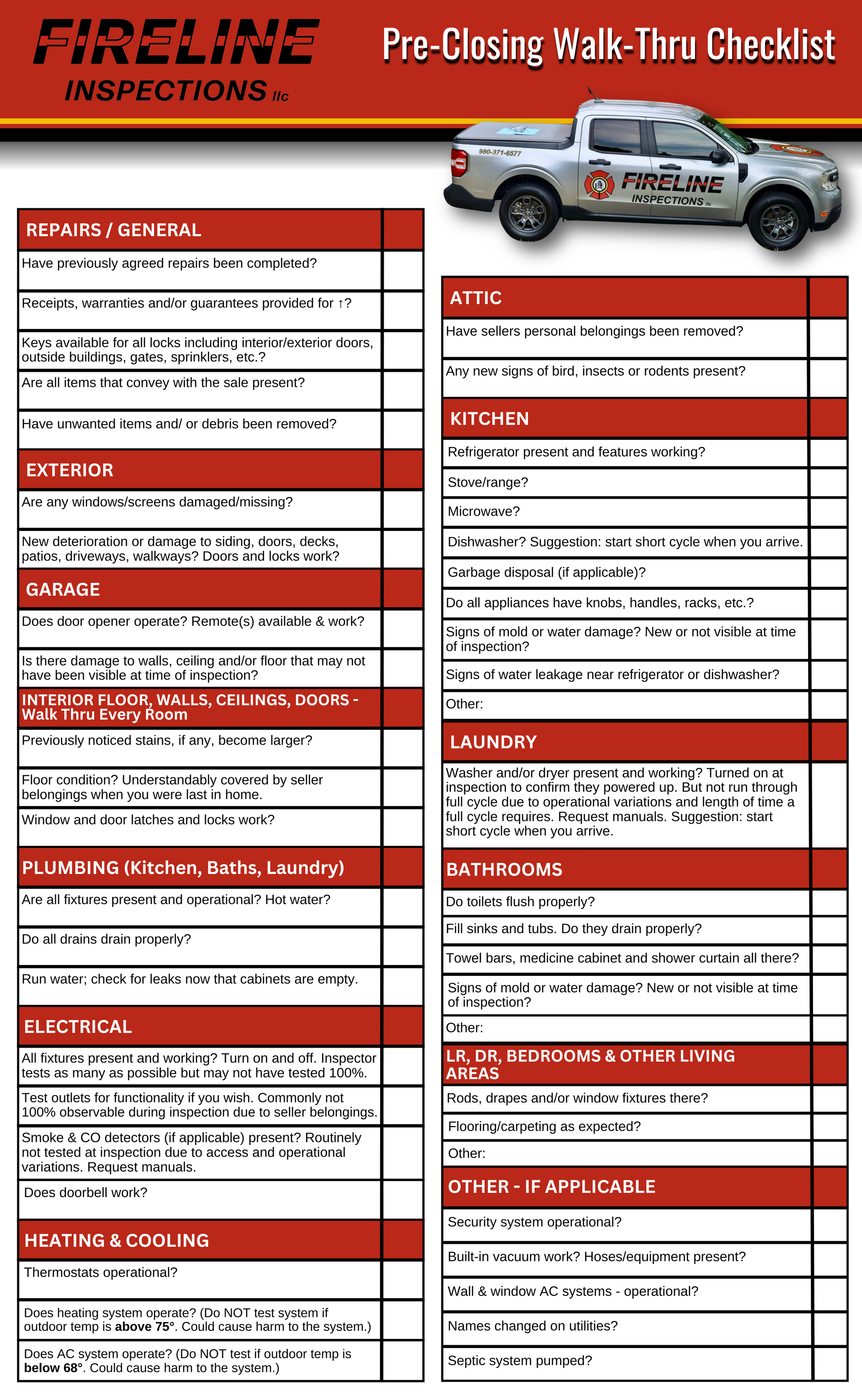 Fireline Inspections pre-closing checklist for realtors in Charlotte, NC Fireline Inspections pre-closing checklist for realtors in Charlotte, NC